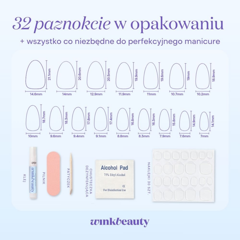 tabela rozmiarów - paznokcie migdał